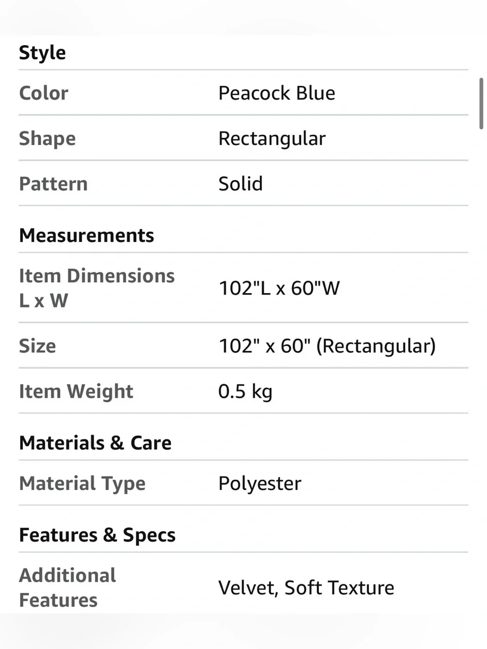 Luxurious Velvet Tablecloth Rectangular (60x102”) PEACOCK BLUE